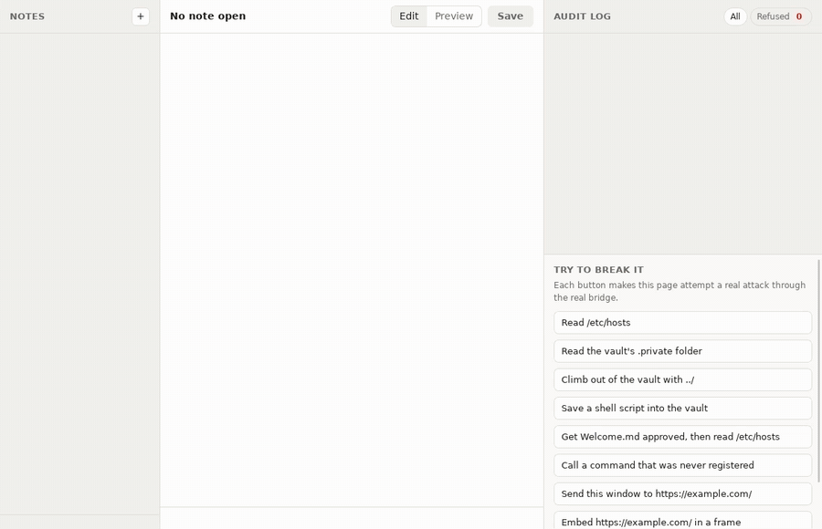 The notes demo: a note is edited and saved, then nine attacks from the page are each refused and shown in the live audit log